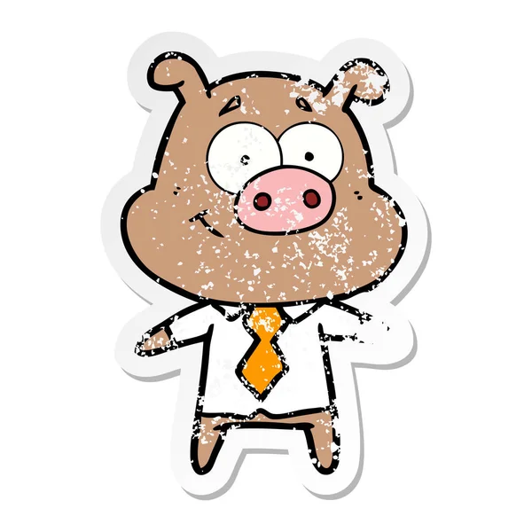 Nödställda klistermärke av en lycklig tecknad gris boss — Stock vektor