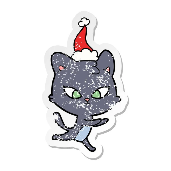 Niedlichen verzweifelten Aufkleber Karikatur einer Katze mit Weihnachtsmütze — Stockvektor