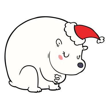 şirin el çizim için Noel Baba şapkası giyen bir kutup ayısı, çekilmiş