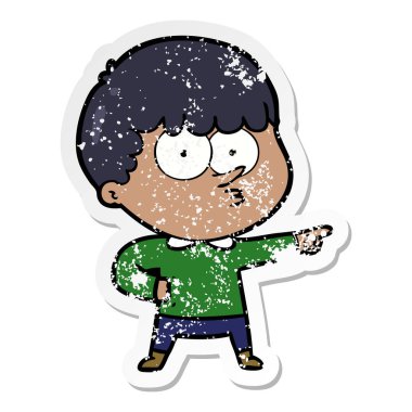 bir çizgi film işaret eden çocuğun sıkıntılı etiket