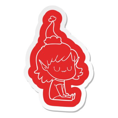 Noel Baba şapkası giyen bir elf kızın mutlu ilginç çizgi film etiketi