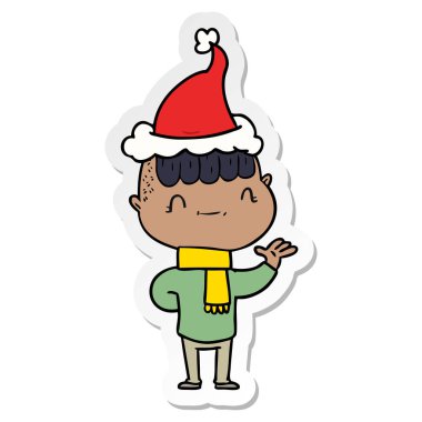 etiket karikatür Noel Baba şapkası giyen bir dostu çocuk