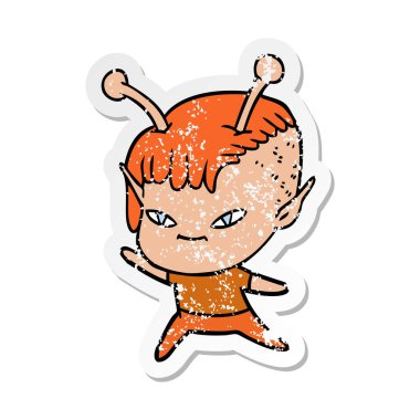 bir sevimli çizgi uzaylı kızın sıkıntılı etiket