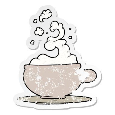 bir fincan sıcak çay karikatür sıkıntılı etiket