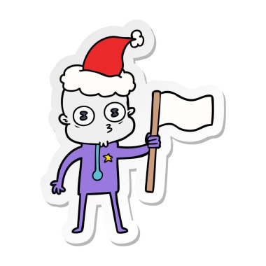 bir garip kel uzay adamı santa giyen bayrak ile etiket karikatür