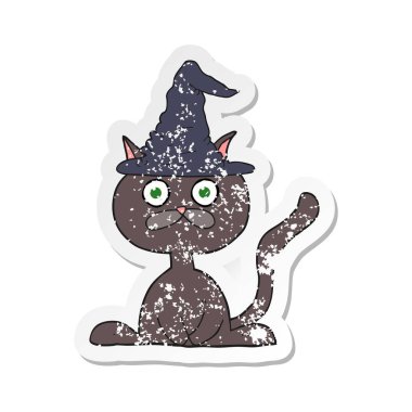 bir karikatür Retro sıkıntılı etiket Cadılar Bayramı kedi
