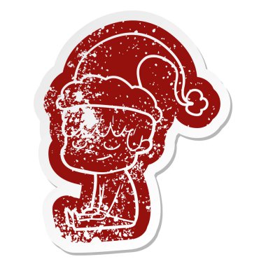 ilginç karikatür sıkıntılı etiket Noel Baba şapkası giyen bir mutlu çocuk