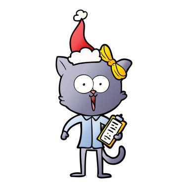 Noel Baba şapkası giyen bir kedi degrade çizgi film el çekilmiş