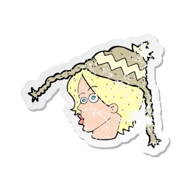 Retro etiket kış şapka giymiş bir karikatür kadının sıkıntılı