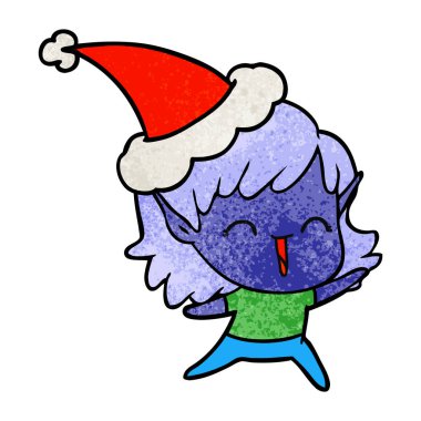 Noel Baba şapkası giyen bir elf kızın dokulu çizgi film