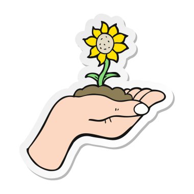 etiket avucunun içinde büyüyen bir karikatür çiçek