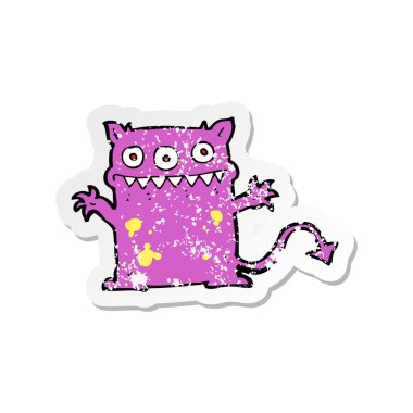 Retro sıkıntılı etiket bir karikatür küçük canavar