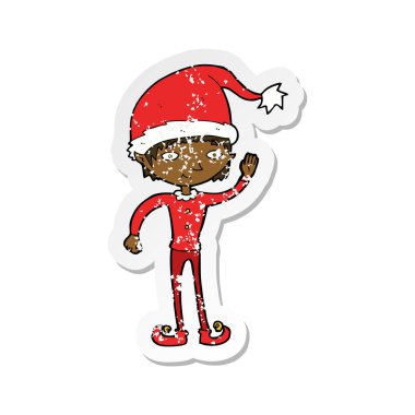 Retro etiket Noel elf sallayarak bir karikatür sıkıntılı