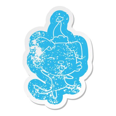 Noel Baba şapkası giyen bir dans eden köpek ilginç karikatür sıkıntılı etiket