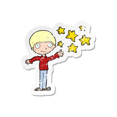 Retro sıkıntılı etiket bir çizgi film heyecanlı çocuk