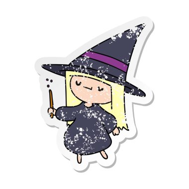 bir şirin kawaii cadı kız sıkıntılı etiket karikatür çizimi