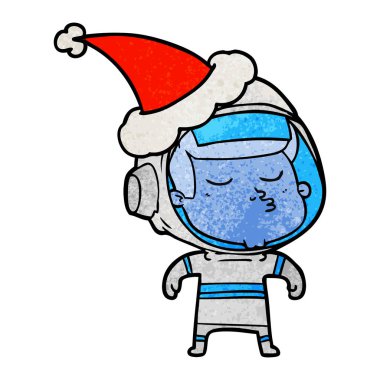 el santa şapka takıyor kendine güvenen bir astronotun dokulu çizgi film çekilmiş