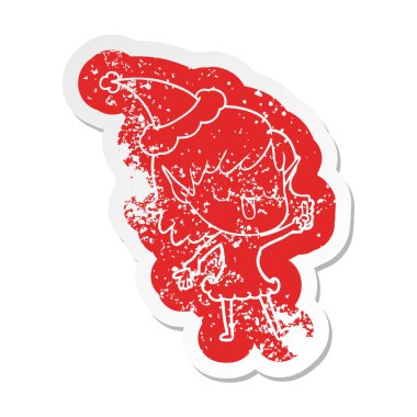 Noel Baba şapkası giyen bir elf kızın ilginç karikatür sıkıntılı etiket