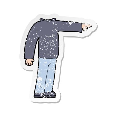 Retro sıkıntılı etiket işaret eden bir çizgi film başsız adam