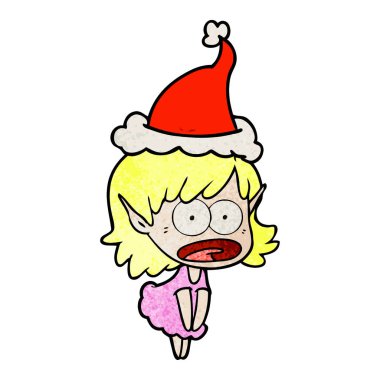 Noel Baba şapkası giyen bir şok elf kızın dokulu çizgi film