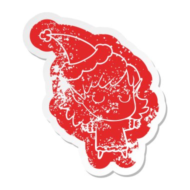 Noel Baba şapkası giyen bir elf kızın ilginç karikatür sıkıntılı etiket