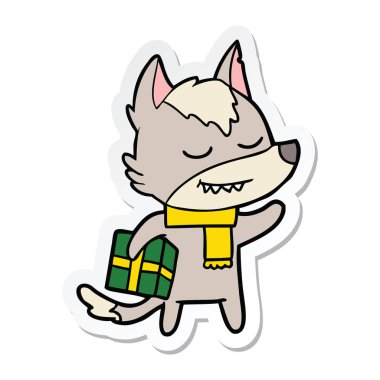 etiket Noel hediyesi taşıyan bir dostu karikatür kurt