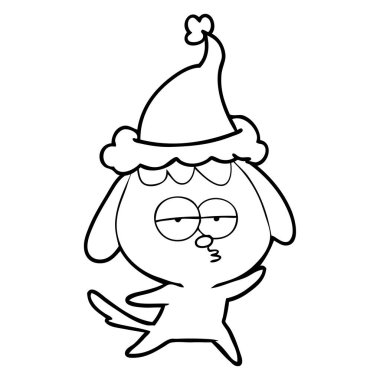 Noel Baba şapkası giyen sıkılmış bir köpek çizim için