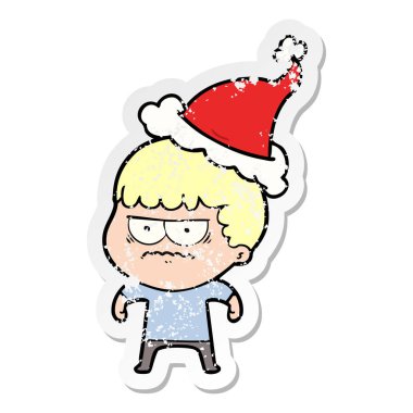 Noel Baba şapkası giyen bir rahatsız adam sıkıntılı etiket karikatür