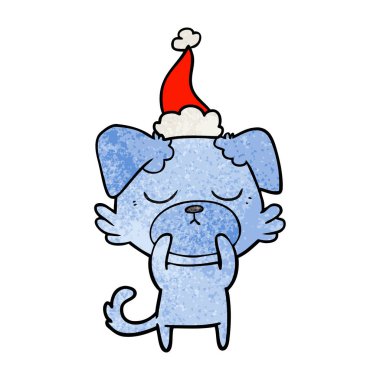 Noel Baba şapkası giyen bir köpek dokulu çizgi film sevimli el çekilmiş