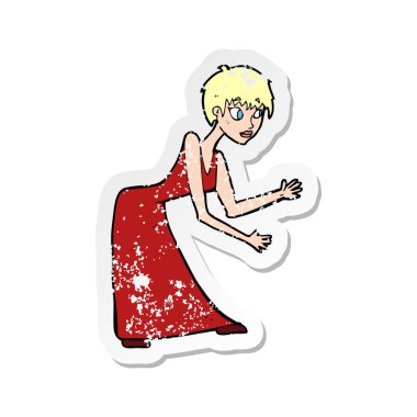 elbise el hareketi içinde bir karikatür kadının Retro sıkıntılı etiket