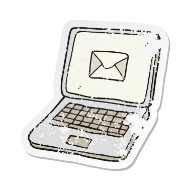 çizgi film dizüstü bilgisayar ekranındaki mesaj simgesiyle Retro sıkıntılı etiket