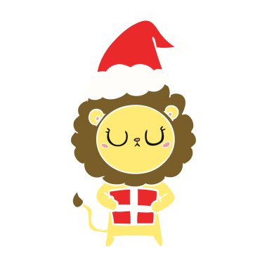 düz renk illüstrasyon Noel Noel Baba şapkası giyen hediyesi ile aslan el çekilmiş