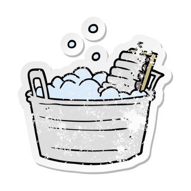 bir çizgi film eski çamaşır tahtası ve kova sıkıntılı etiket