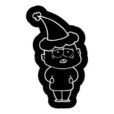 Noel Baba şapkası giyen yorgun bir kel adam ilginç çizgi film simgesi