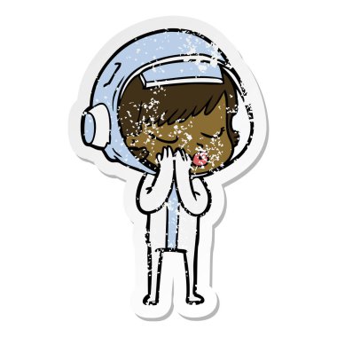 bir çizgi film güzel astronot kızın sıkıntılı etiket