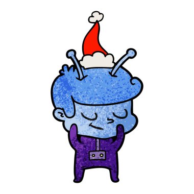 Noel Baba şapkası giyen bir uzaylı utangaç dokulu karikatür