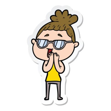 gözlük takan bir karikatür mutlu kadın etiketi