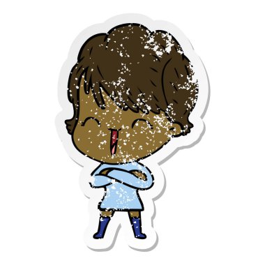 bir çizgi film gülen kadının sıkıntılı etiket