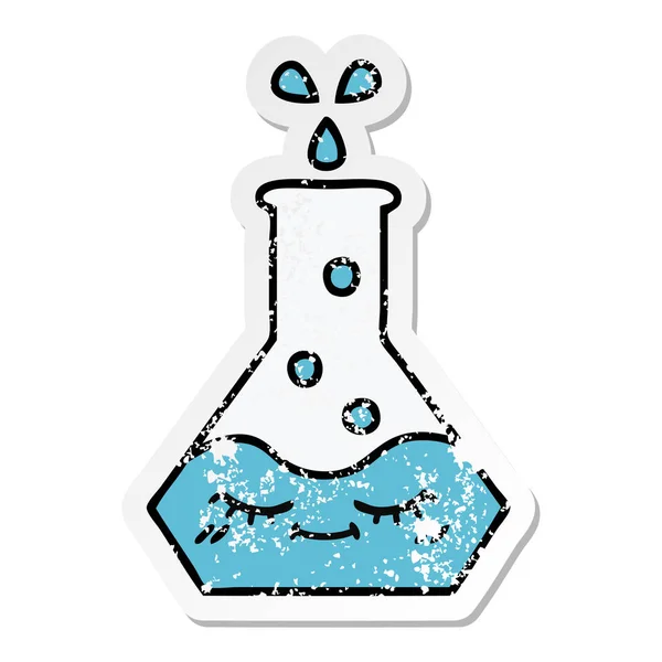 Verontruste sticker voor een leuke cartoon wetenschap beaker — Stockvector