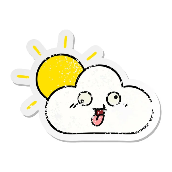 Verontruste sticker van een leuke cartoon zon en wolk — Stockvector