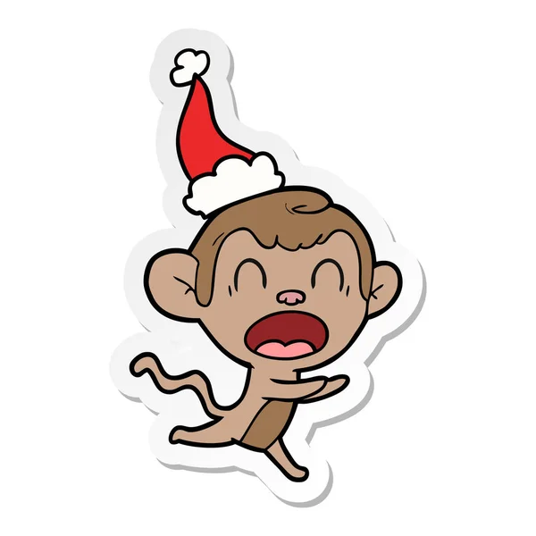 Schreiend Handgezeichnete Aufkleber Karikatur Eines Affen Mit Weihnachtsmütze — Stockvektor