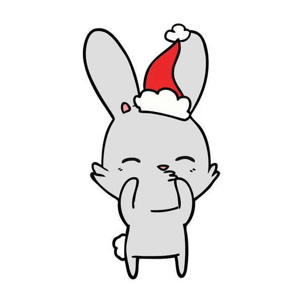 Linha de coelho curioso desenho de um chapéu de Pai Natal vestindo — Vetor de Stock