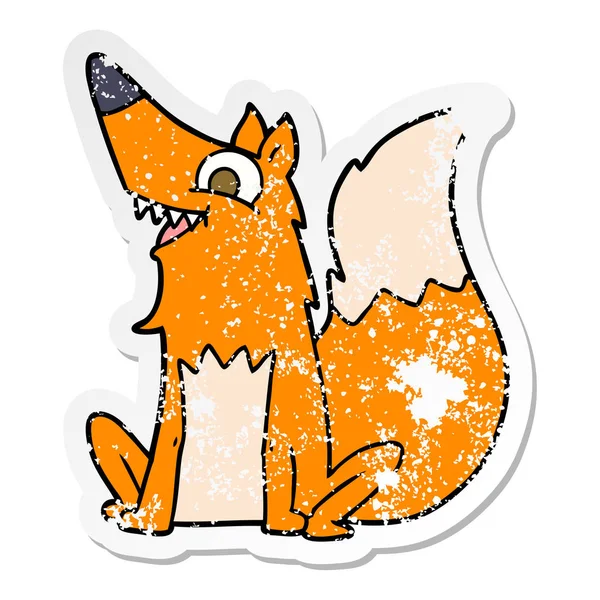 Distressed Sticker Cartoon Happy Fox — Stock Vector