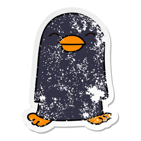 Verontruste Sticker Van Een Eigenzinnige Hand Getrokken Cartoon Pinguïn — Stockvector