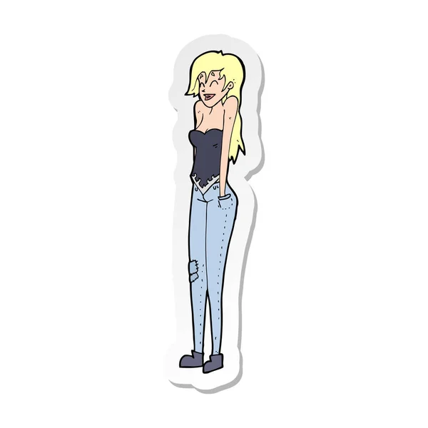 Sticker Cartoon Pretty Woman Shrugging Shoulders — Stock Vector