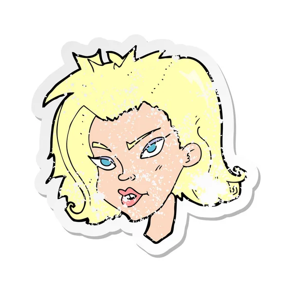 Retro distressed sticker of a cartoon female face — Stock Vector