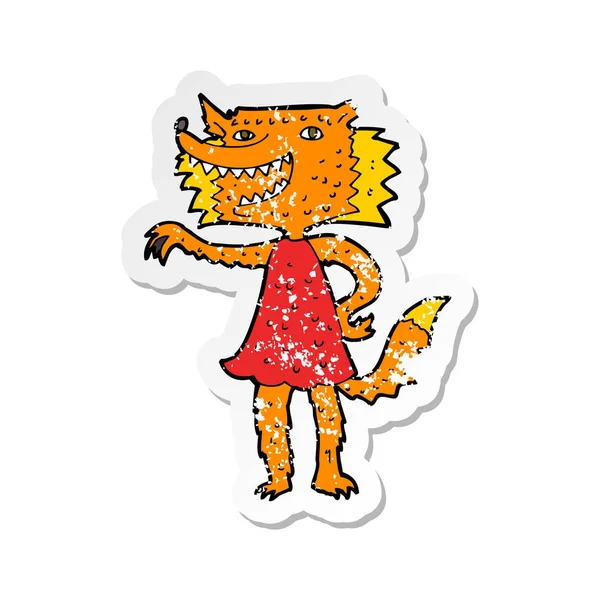 Retro noodlijdende sticker van een cartoon fox meisje — Stockvector