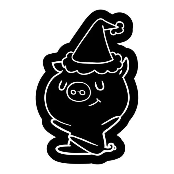 Happy cartoon icon of a pig wear santa hat — стоковый вектор