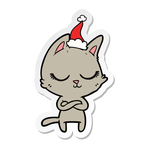 Lugna klistermärke cartoon av en katt som santa hatt — Stock vektor