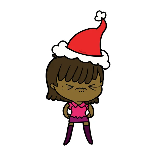 Dessin de ligne ennuyé d'une fille portant un chapeau de Père Noël — Image vectorielle